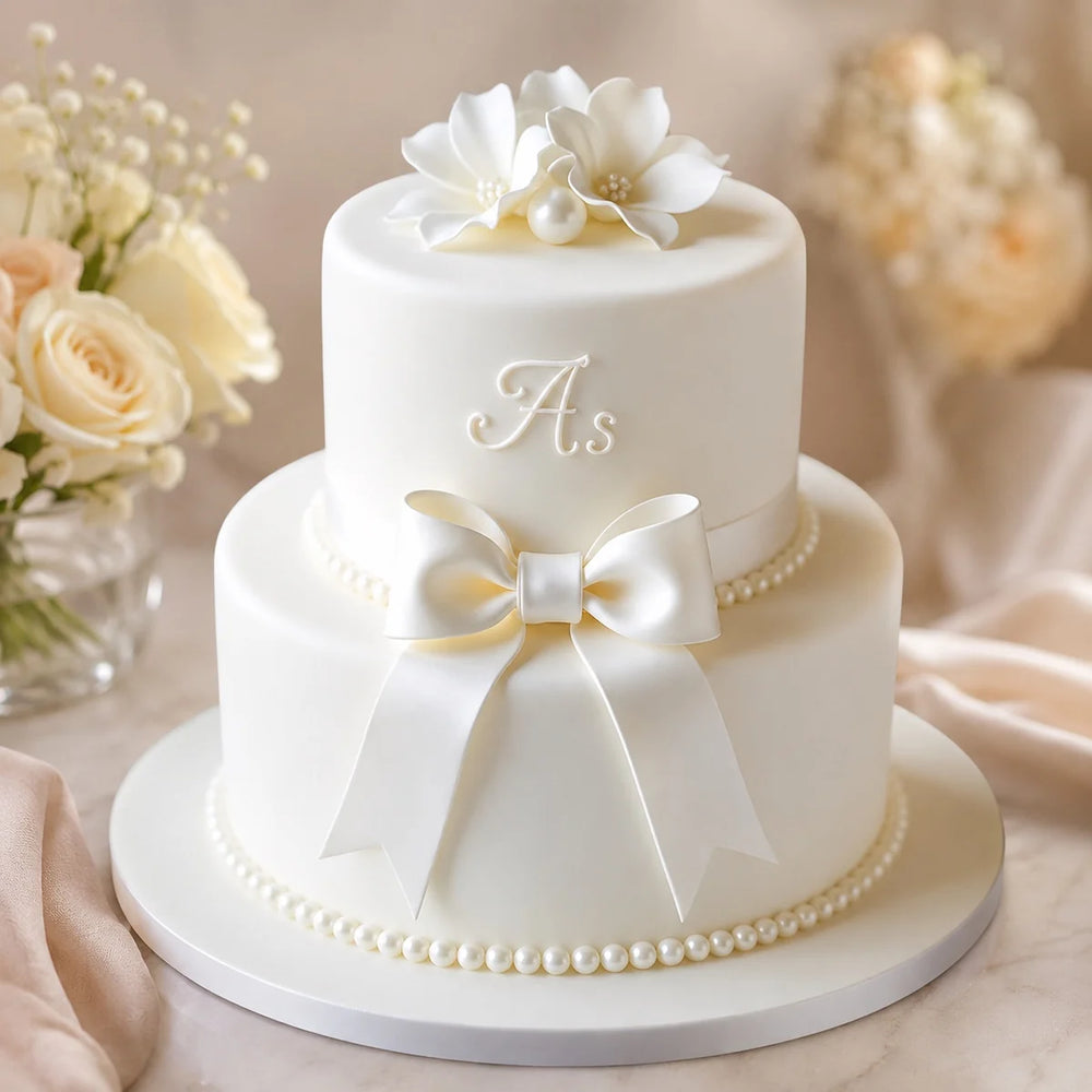Tarta de boda blanca de dos pisos con lazo y flores